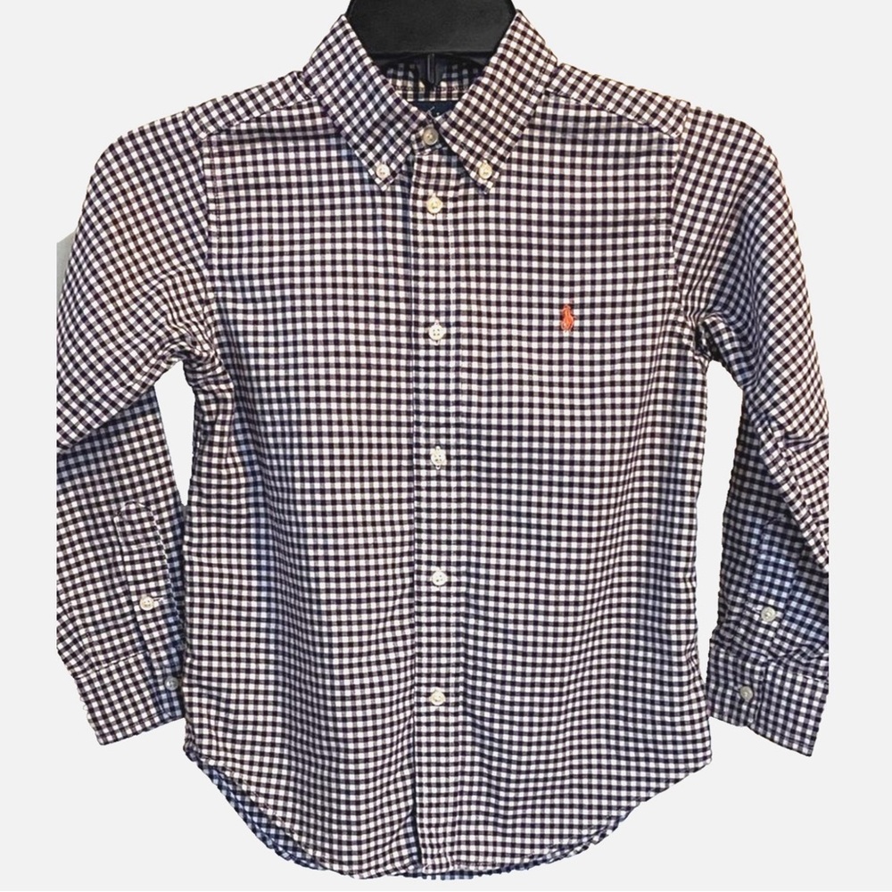 Ralph Lauren Boys Size 6 Gingham Button Down Shirt Purple White Pony Logo